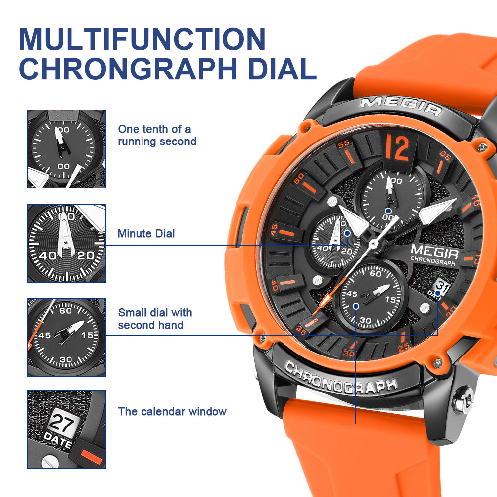 MEGIR Fashion Military Watch for Men Silicone Strap Sport Quartz Chronograph Waterproof Male Clock Wristwatch Reloj Hombre 2208