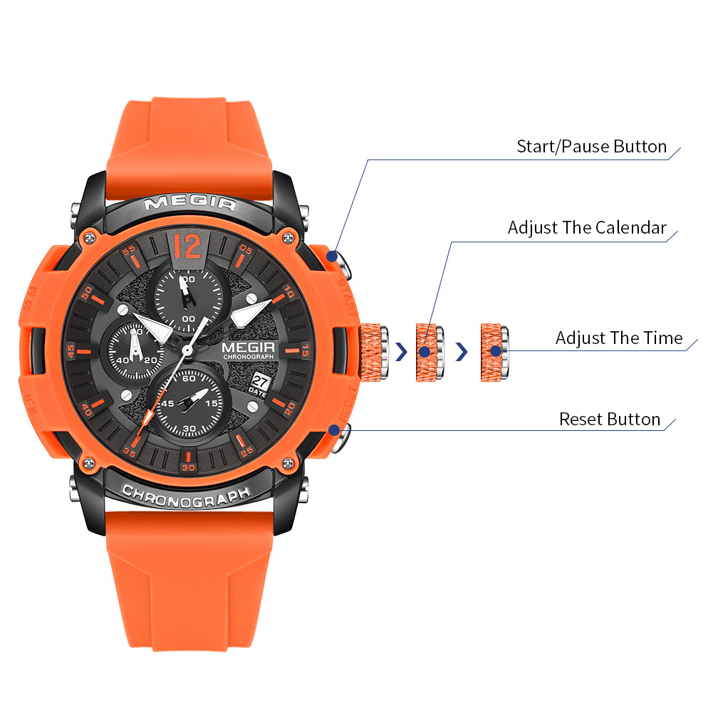 MEGIR Fashion Military Watch for Men Silicone Strap Sport Quartz Chronograph Waterproof Male Clock Wristwatch Reloj Hombre 2208