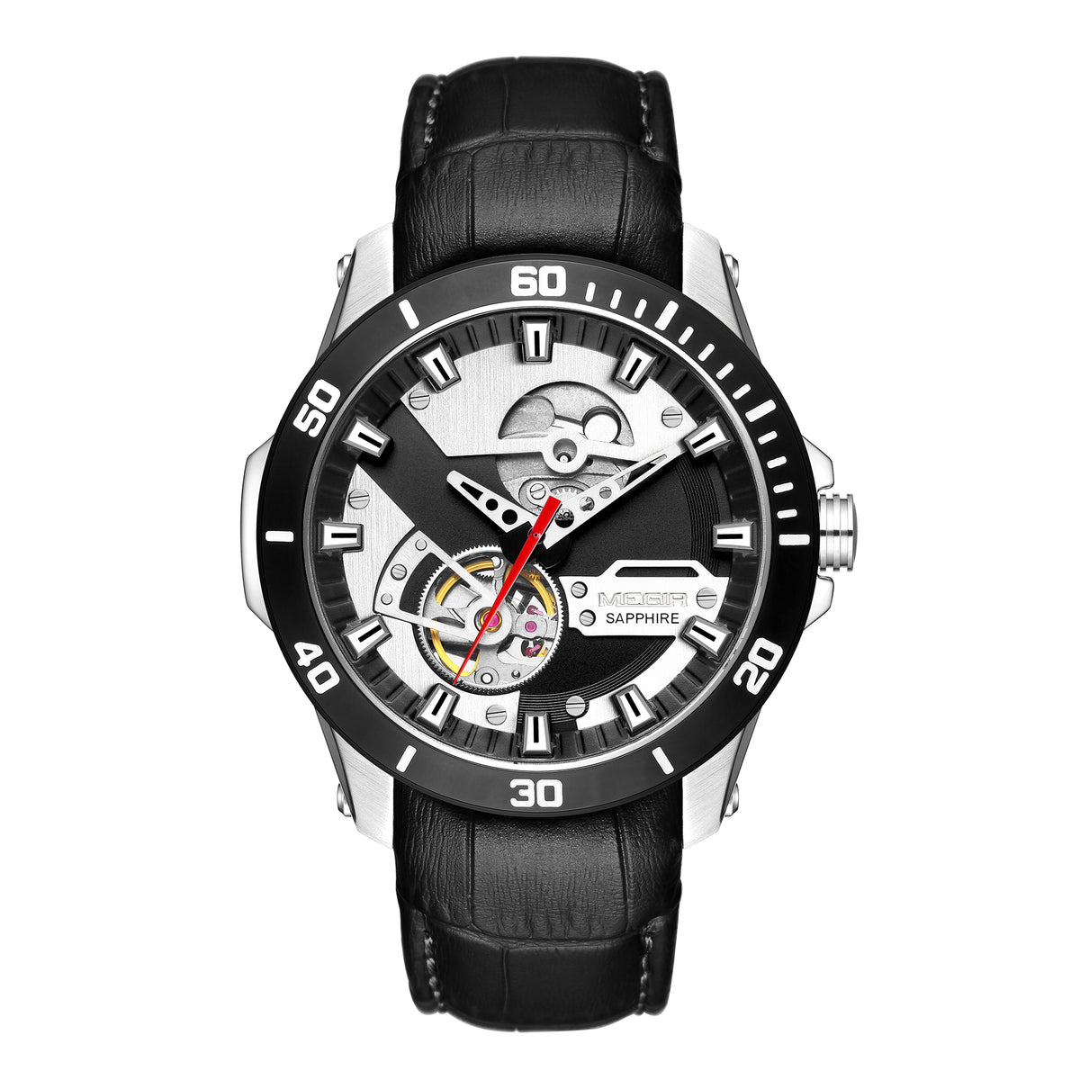 MEGIR Fashion Leather Watches for Men Sapphire Stainless Steel Automatic Mechanical Watch Sports Clock Montre Homme 62069