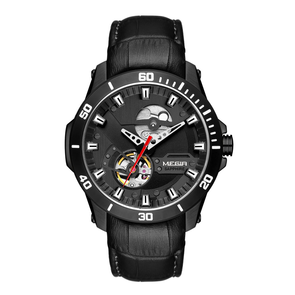 MEGIR Fashion Leather Watches for Men Sapphire Stainless Steel Automatic Mechanical Watch Sports Clock Montre Homme 62069