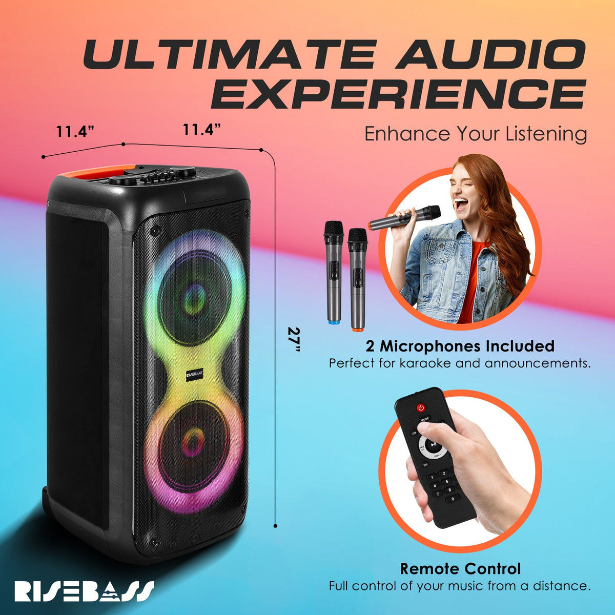 Portable Karaoke Machine with 2 Wireless Mics, Daul 8" Speakers, LED Lights, PA System, Remote, Bass/Treble Adjustment, SD Card/USB, REC Rolling Wheels and Trolley, Auto ducking Function.